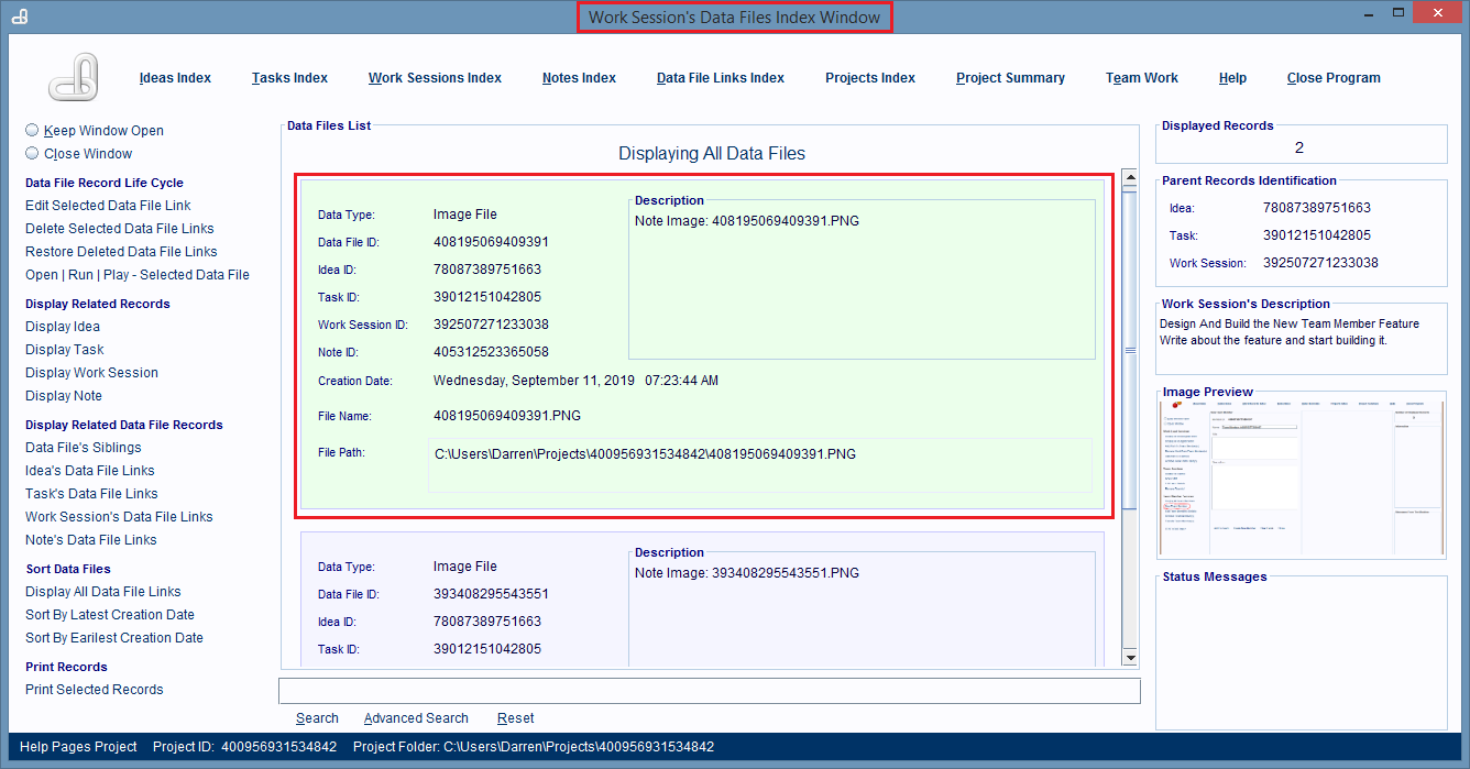 Work Session's Data Files Index Window is displaying records, with one of the records being selected.