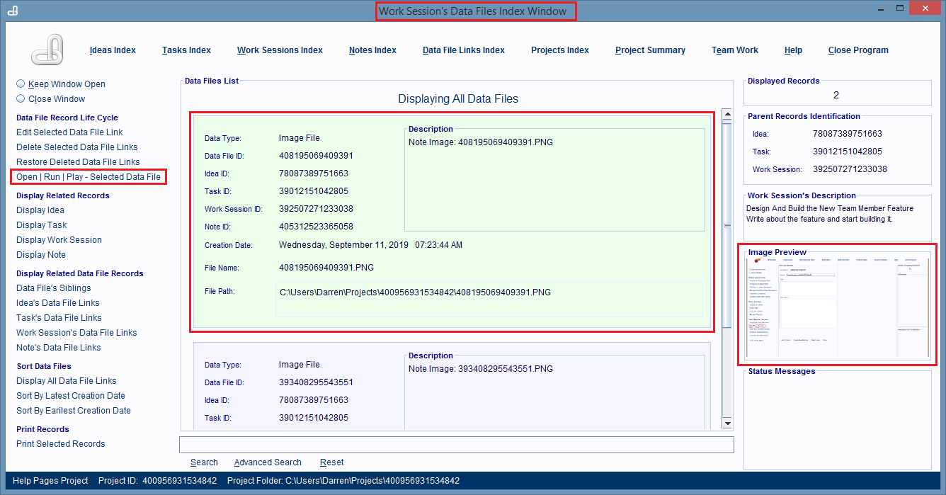 A record in the Work Session's Data File Links window is double clicked, causing its linked 
                        file's data to be loaded and displayed.