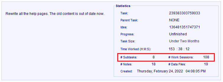 A Task record with 5 Subtasks, and 36 Work Session records linked to it.