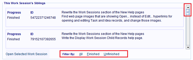 Use the panel's scroll bars and 'Progress Size filters' to view different records in the list.