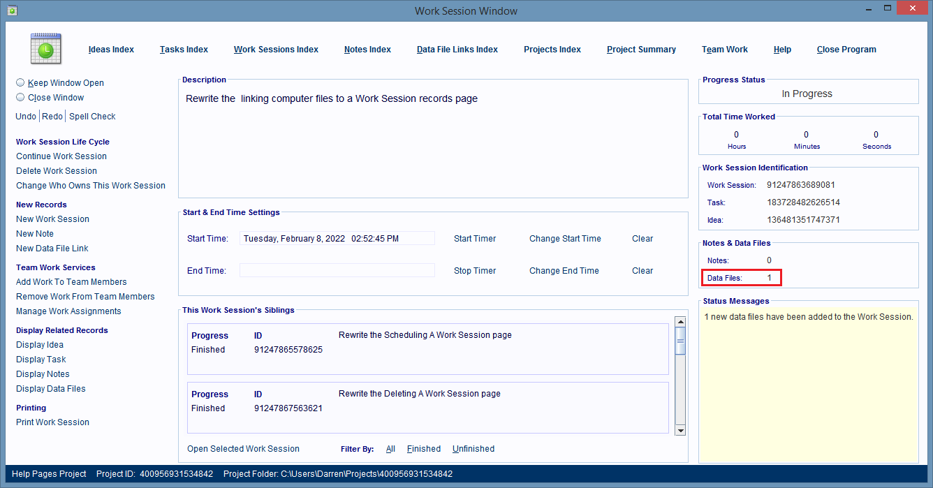 The Work Session Window tells you how many data files were linked to it.