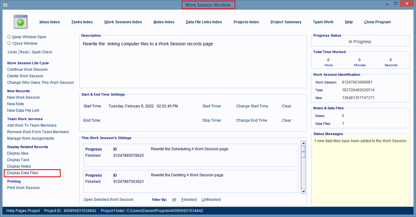 Click the Display Data File Links hyperlink to see all the files linked to the Work Session record.