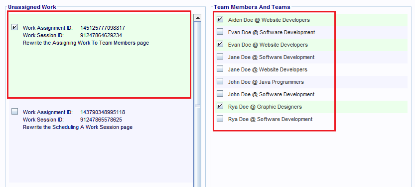 A Work Assignment Record is being linked to the selected Team Member records.