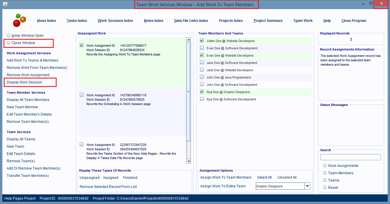 Click the Display Work Session hyperlink to return to the Work Session record for the selected Work Assignment record.