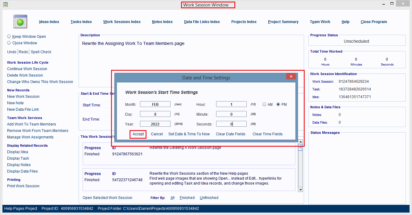 Change the time and date settings for the record, using the dialog box that pops up.