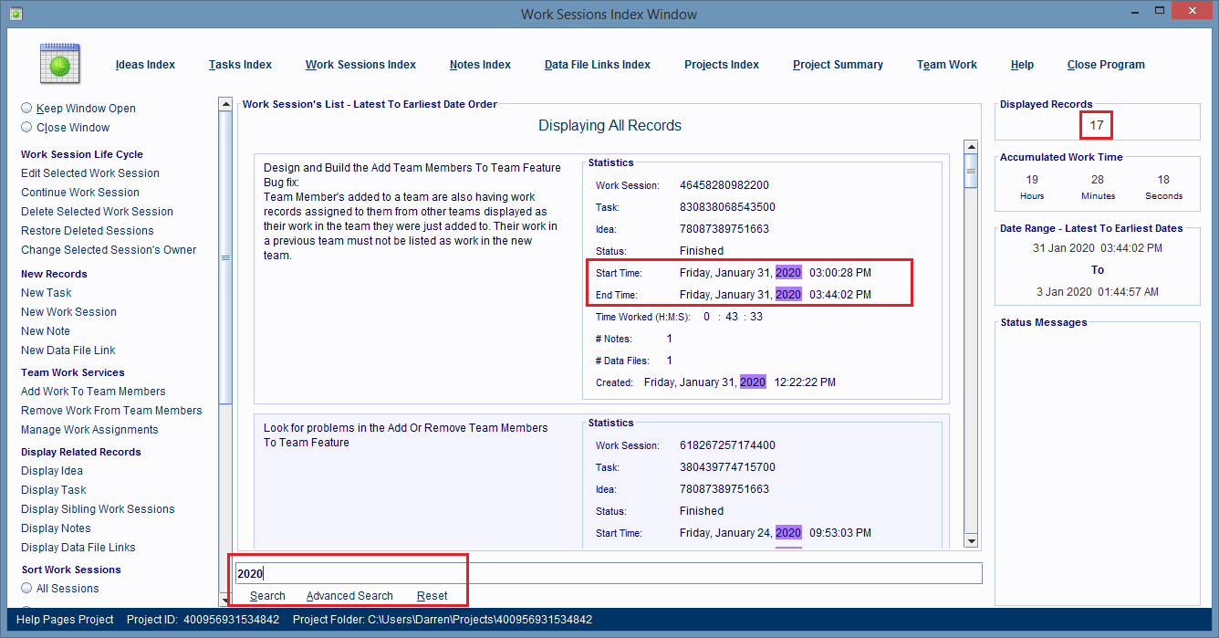 Work Sessions Index Window displaying matching records for 2020 search.