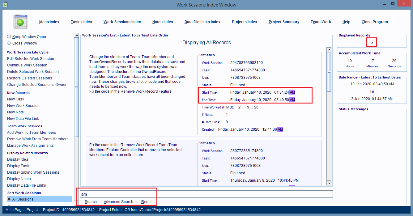 Work Sessions Index Window displaying matching records for AM search.