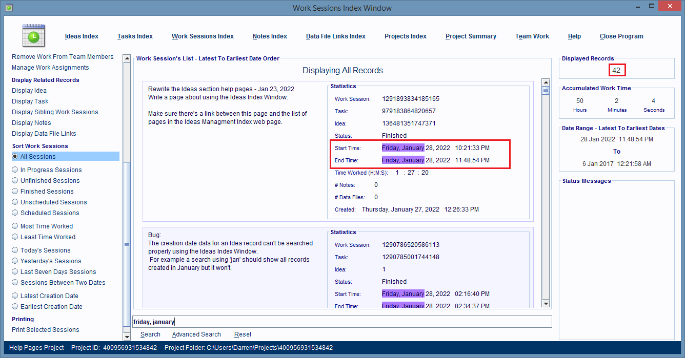 Work Sessions Index Window displaying matching records.