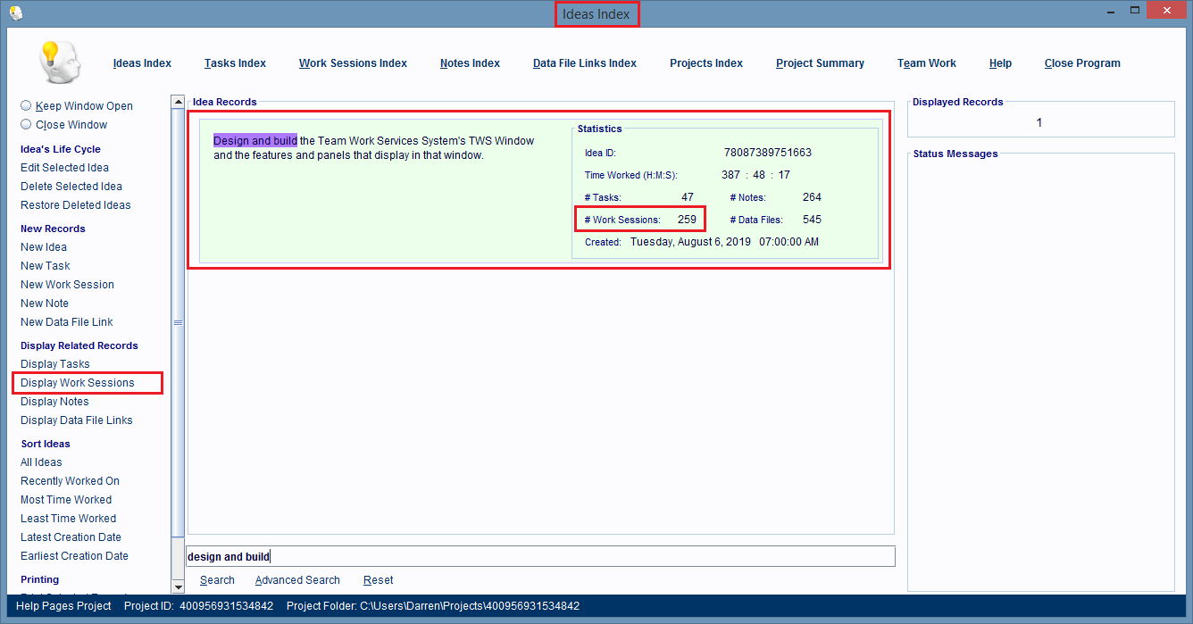 Ideas Index window with an Idea record selected.