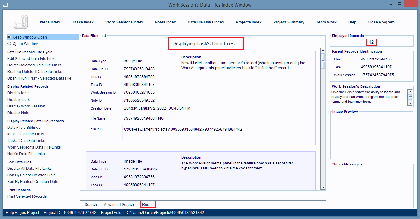 Displaying a parent task's Data File records.