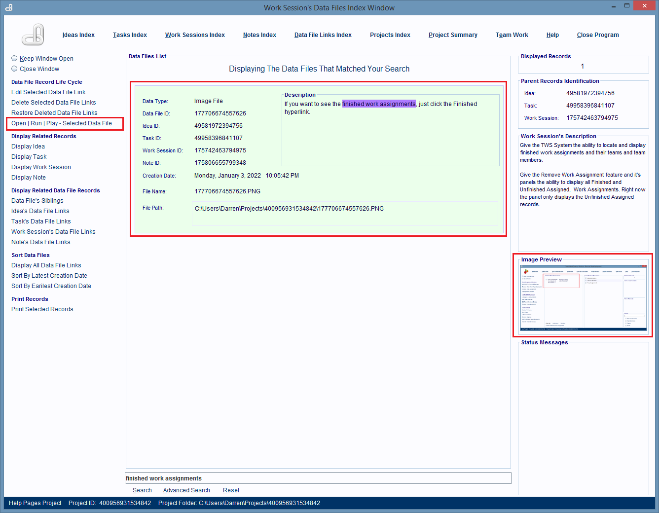 Double click on a record entry to open and display its linked computer file's contents.