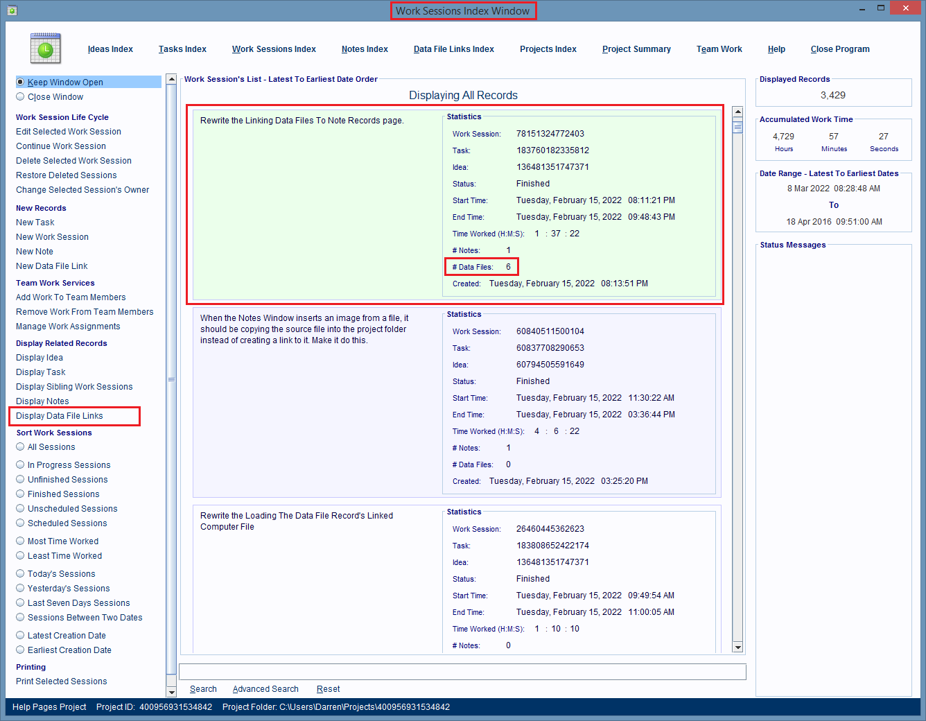 Click the Display Data File Links hyperlink to see a list of the computer files linked to the record.