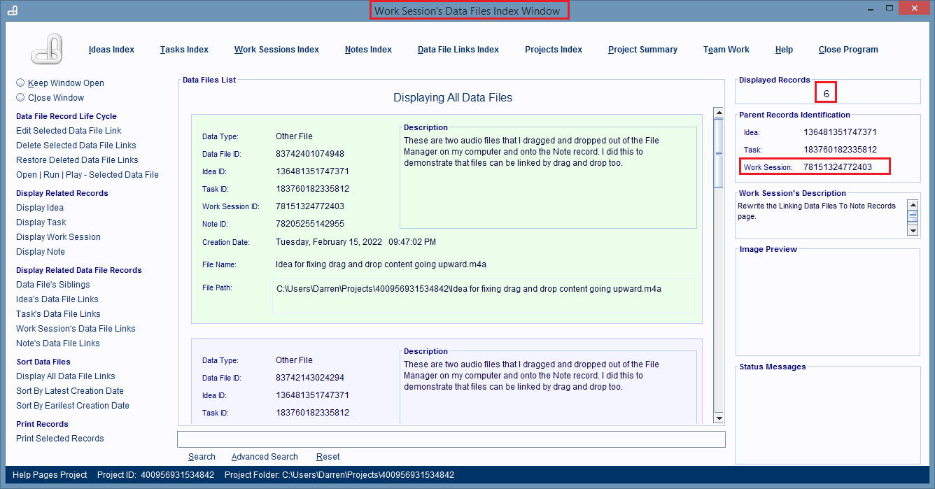 The Work Session's Data Files Index Window displaying a list of all the computer files linked to the task.