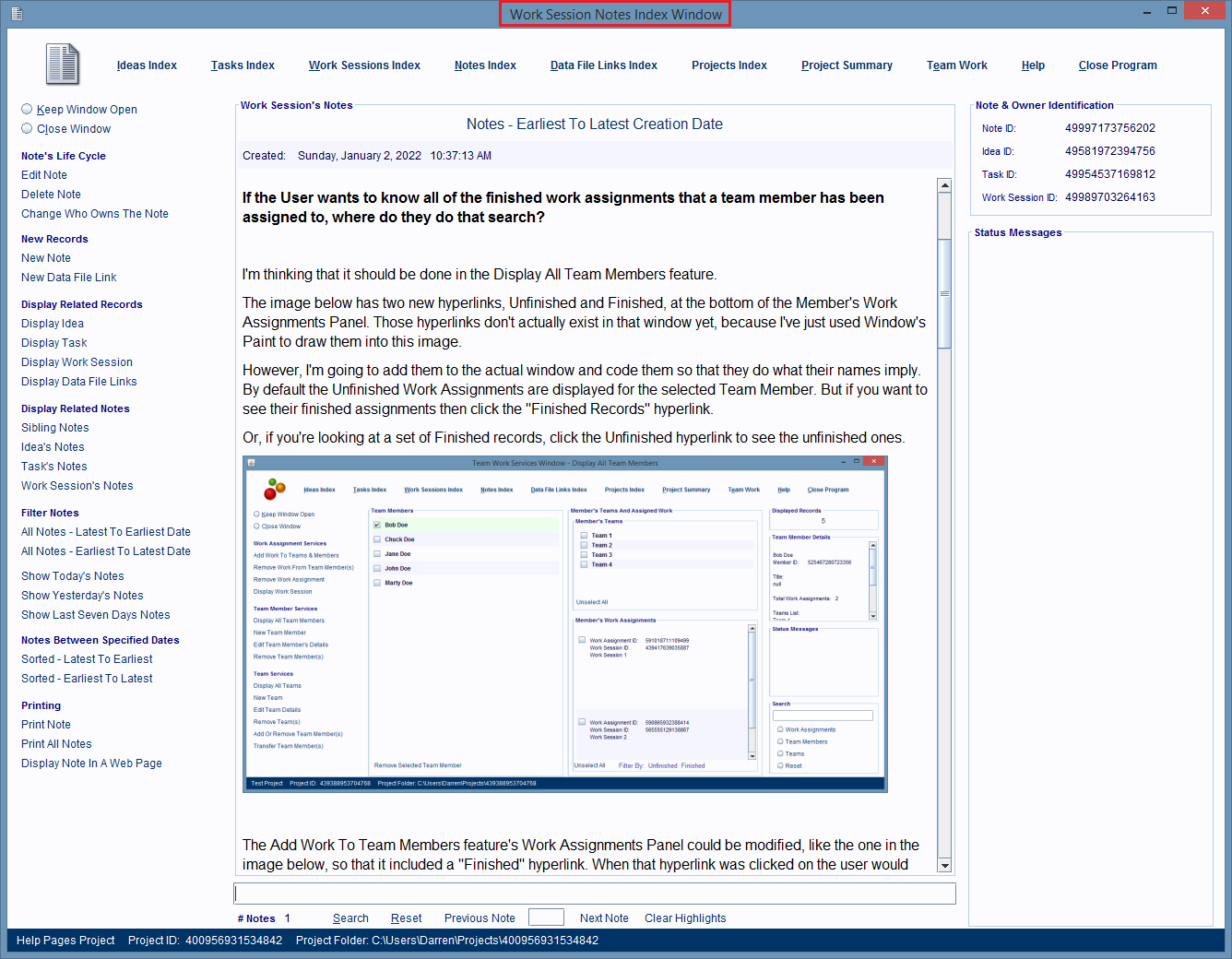 Work Session's Notes Index Window