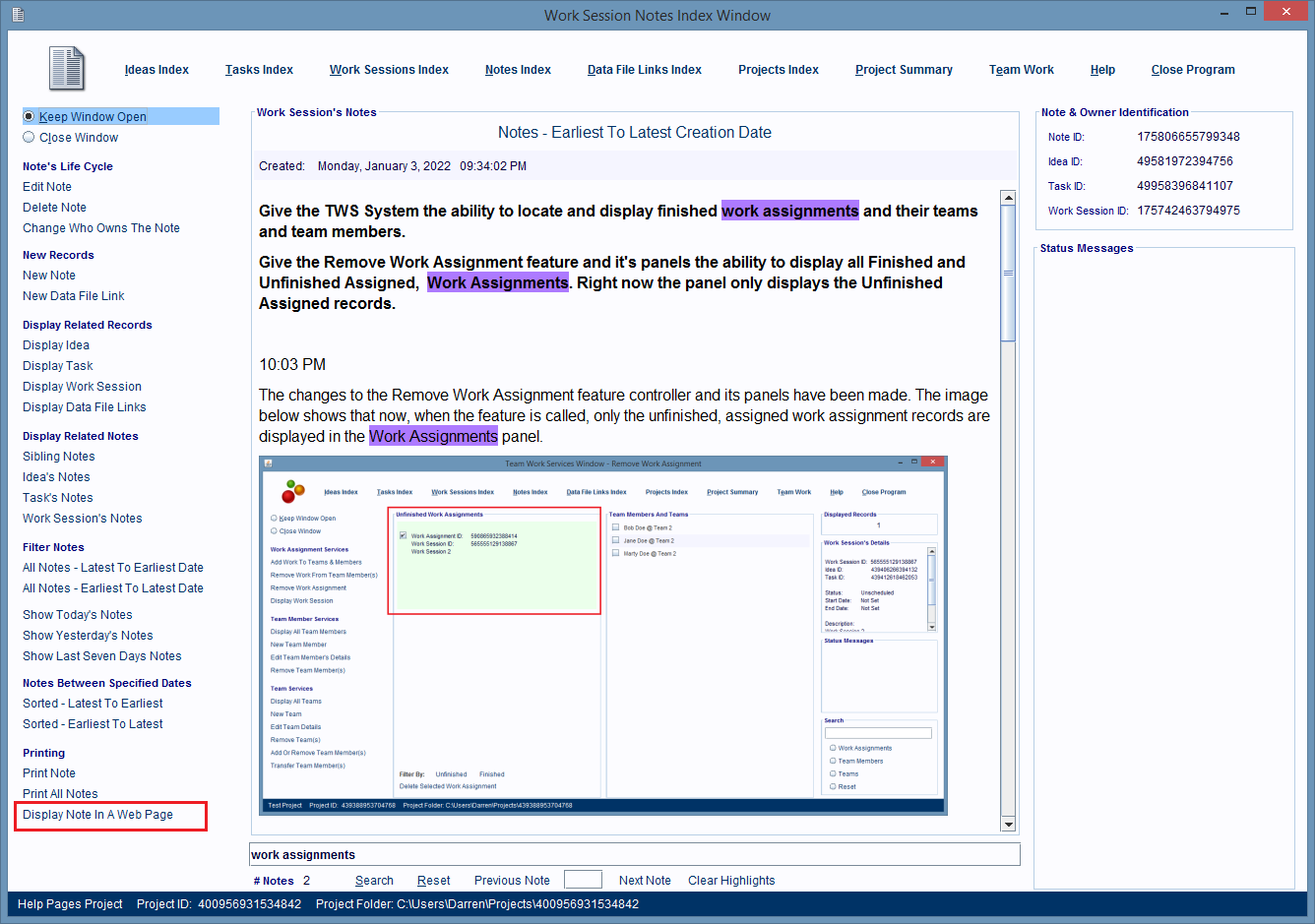 Notes Window's hyperlinked features are mostly found on the left side of the window.