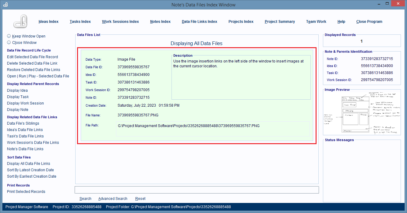 Note's Data File Links Index Window shows all the computer 
            files linked to the note.