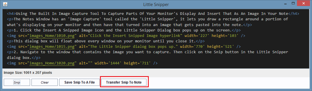 The Little Snipper Dialog Box displays the snipped contents