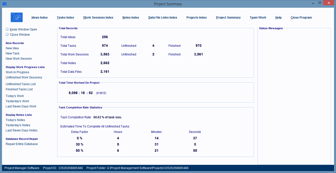 Project Summary Window