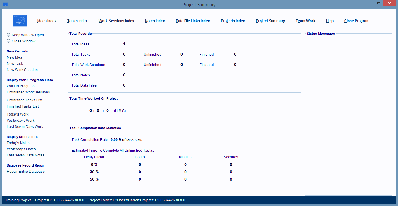 Project Summary Window