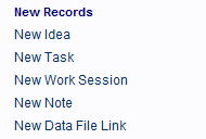 A set of record creation hyperlinks