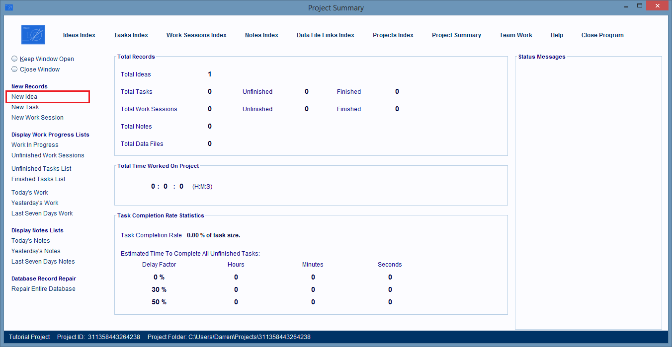 Project Summary Window