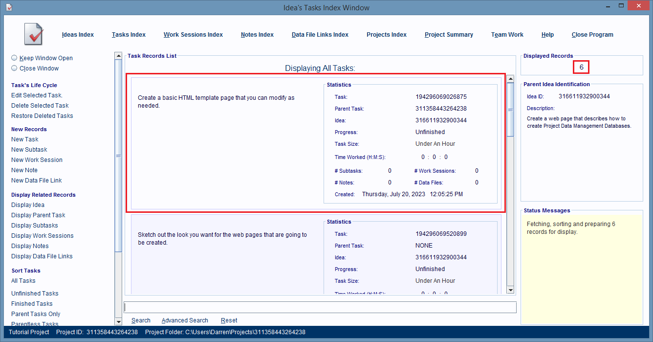 The Idea's Tasks Index Window