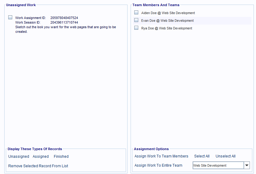 The center panels in a Team Work Services Window