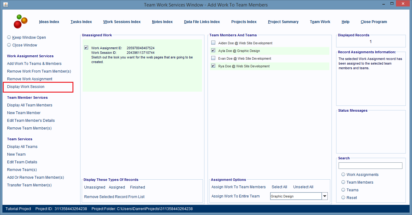 Click the Display Work Session hyperlink to return to the Work Session window.