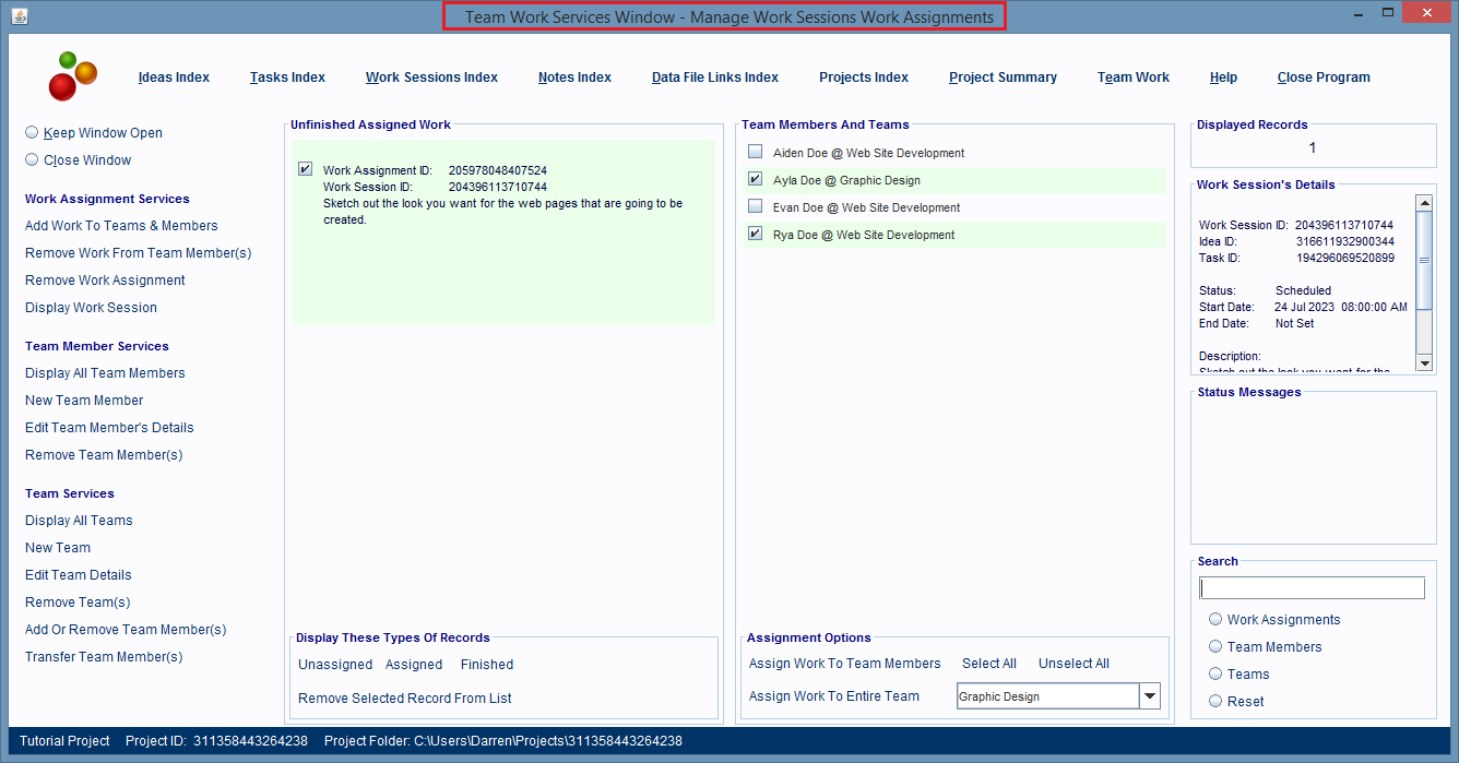 The Team Work Services Window is showing our work assignment and who's linked to it.