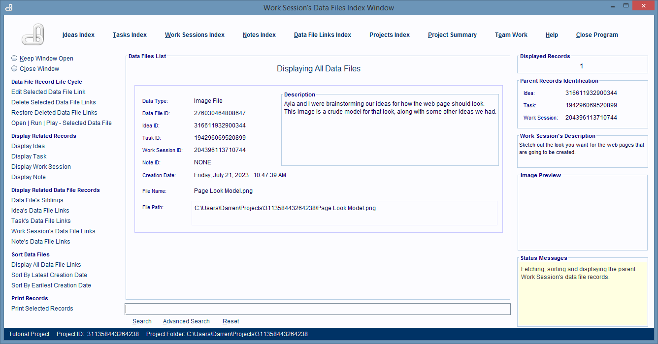 Click the Display Data File Links hyperlink to see all the computer files linked to the Work Session.