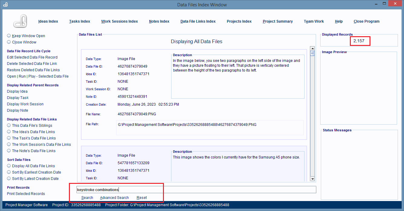 Data Files Index Window