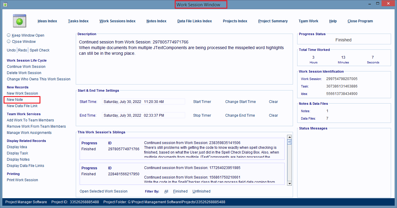 Creating A Note Using A Work Session Window